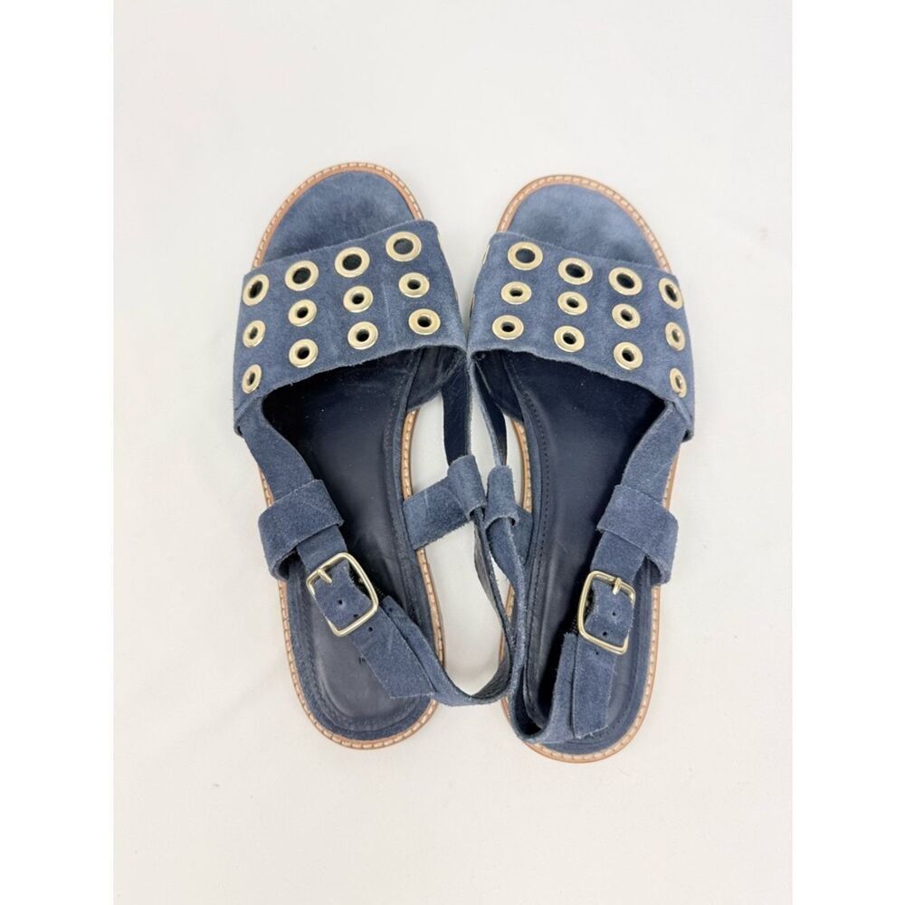 J. Crew Blue Suede Leather Gold Grommet Slingback Nautical Flat Sandals - Picture 7 of 14